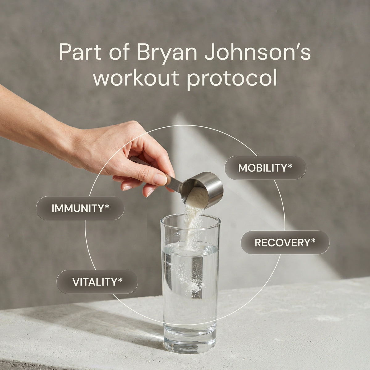 Hand pouring a supplement into a glass with 'Part of Bryan Johnson's workout protocol' text.