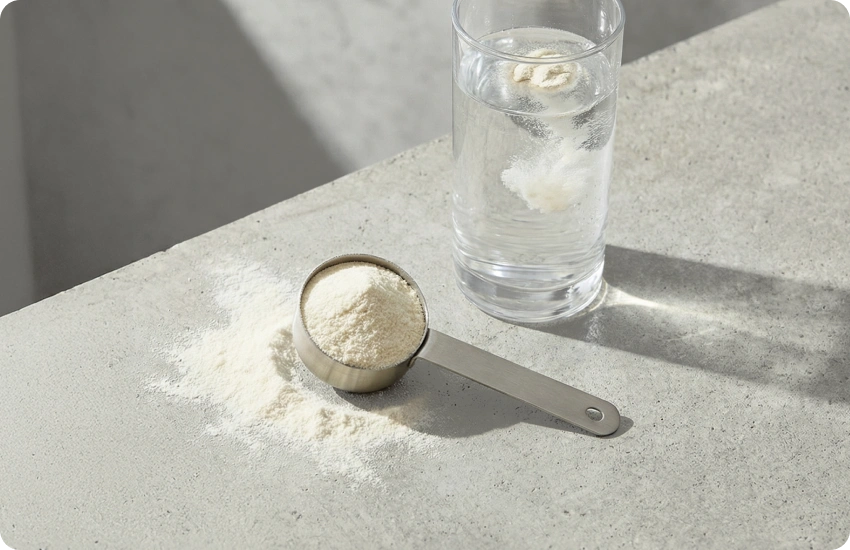 Powdered supplement in a scoop next to a glass of water on a concrete surface