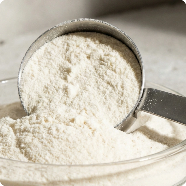 Measuring cup filled with white collagen powder over a bowl of more powder