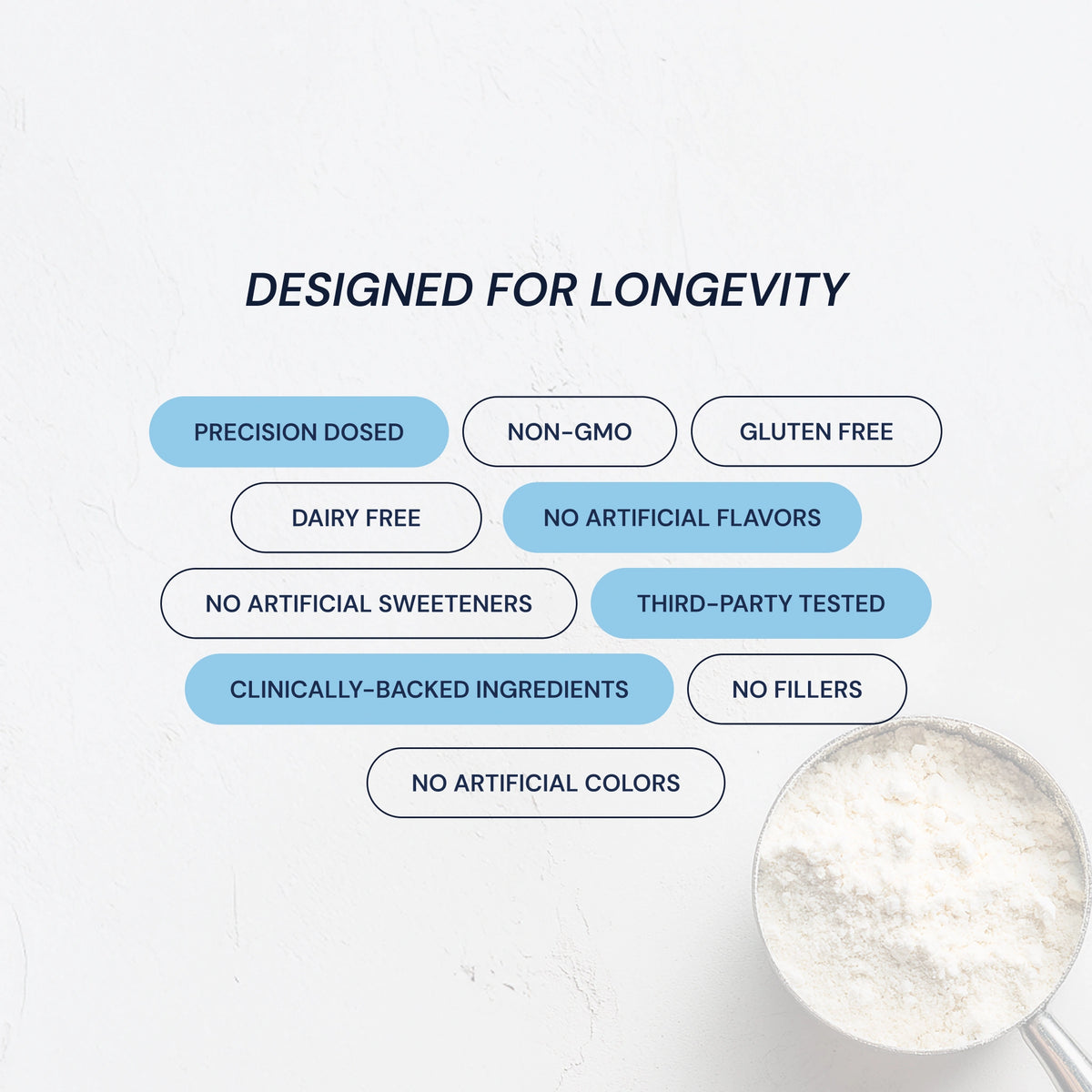 Product packaging with health and wellness features listed on a light background