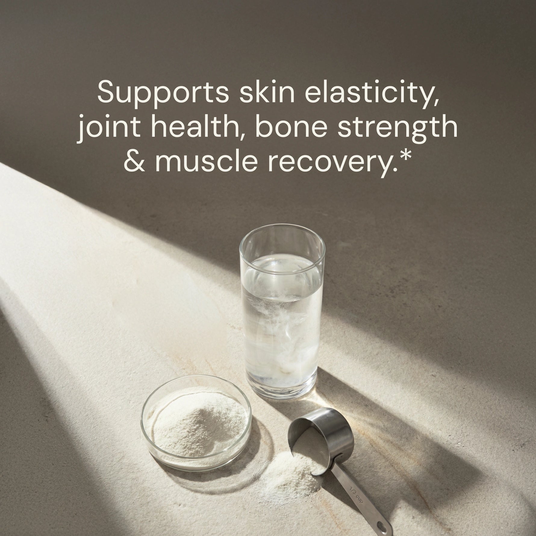 Glass of water, bowl of powder, and measuring spoon on a surface with text about health benefits.