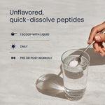 Person adding a scoop of unflavored quick-dissolve peptides into a glass of water.