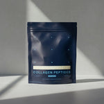 Dark blue package of collagen peptides on a gray background