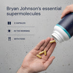 Bryan Johnson's essential supermolecules capsules being poured into a hand.