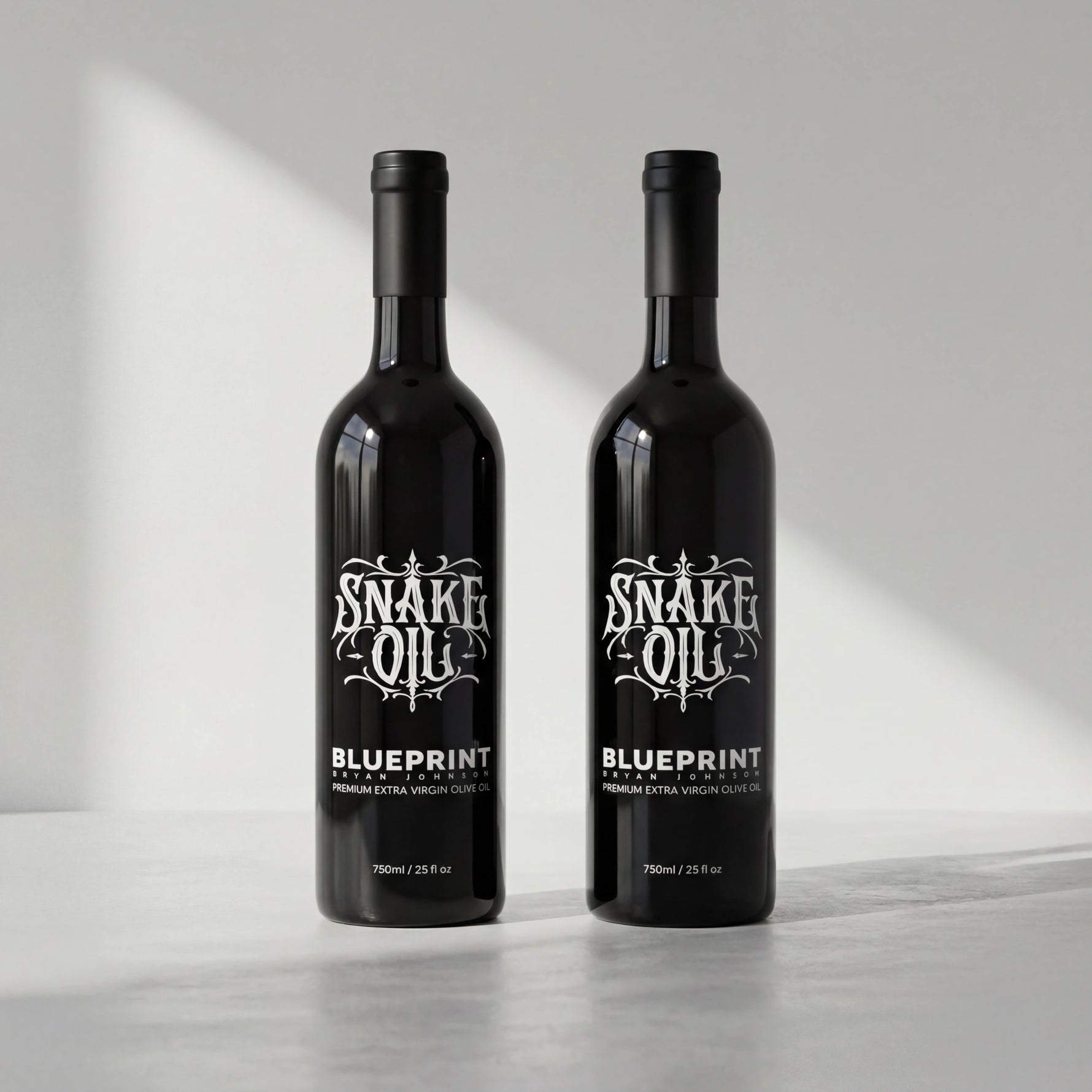 Two bottles of Snake Oil Blueprint on a light gray background