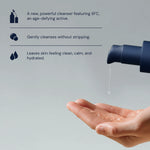 Product packaging with text about a new cleanser featuring SFC, and a hand holding the cleanser.