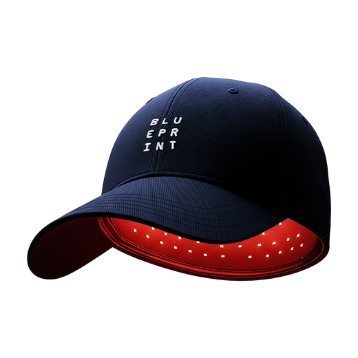 Navy blue cap with red LED strip and 'BLUEPRINT' text on a white background