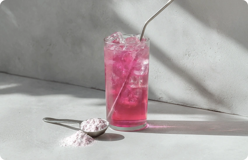 Glass of pink iced drink with a spoonful of pink powder on a light surface.