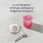 Pink powder in a bowl with a glass of pink liquid on a light gray background, labeled as a 'cornerstone of Bryan Johnson's longevity protocol'.