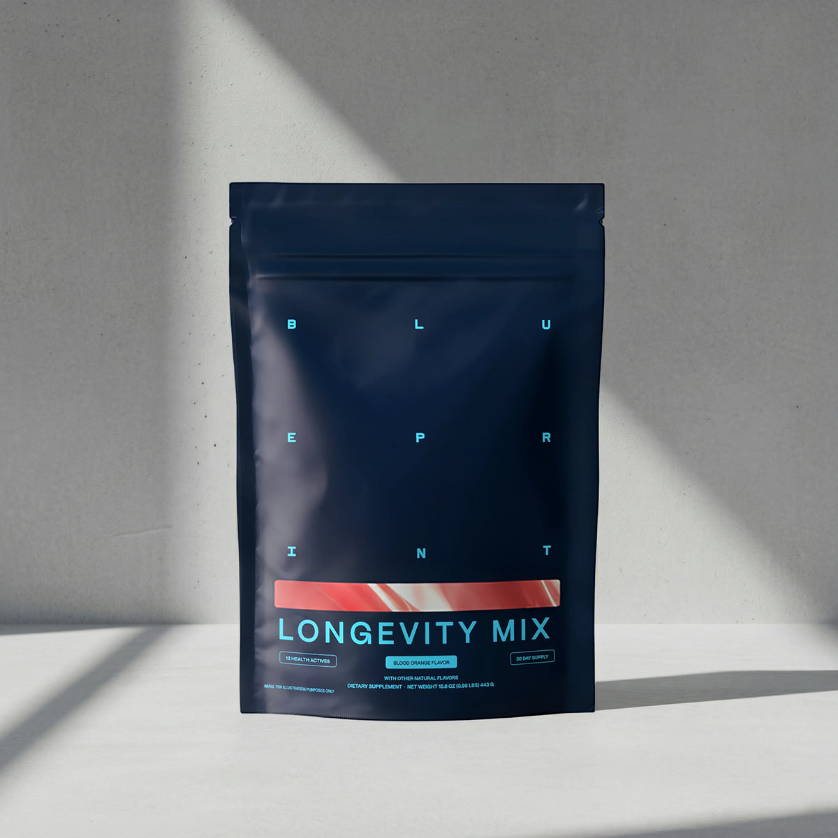 Dark blue package labeled 'Longevity Mix' on a light gray background