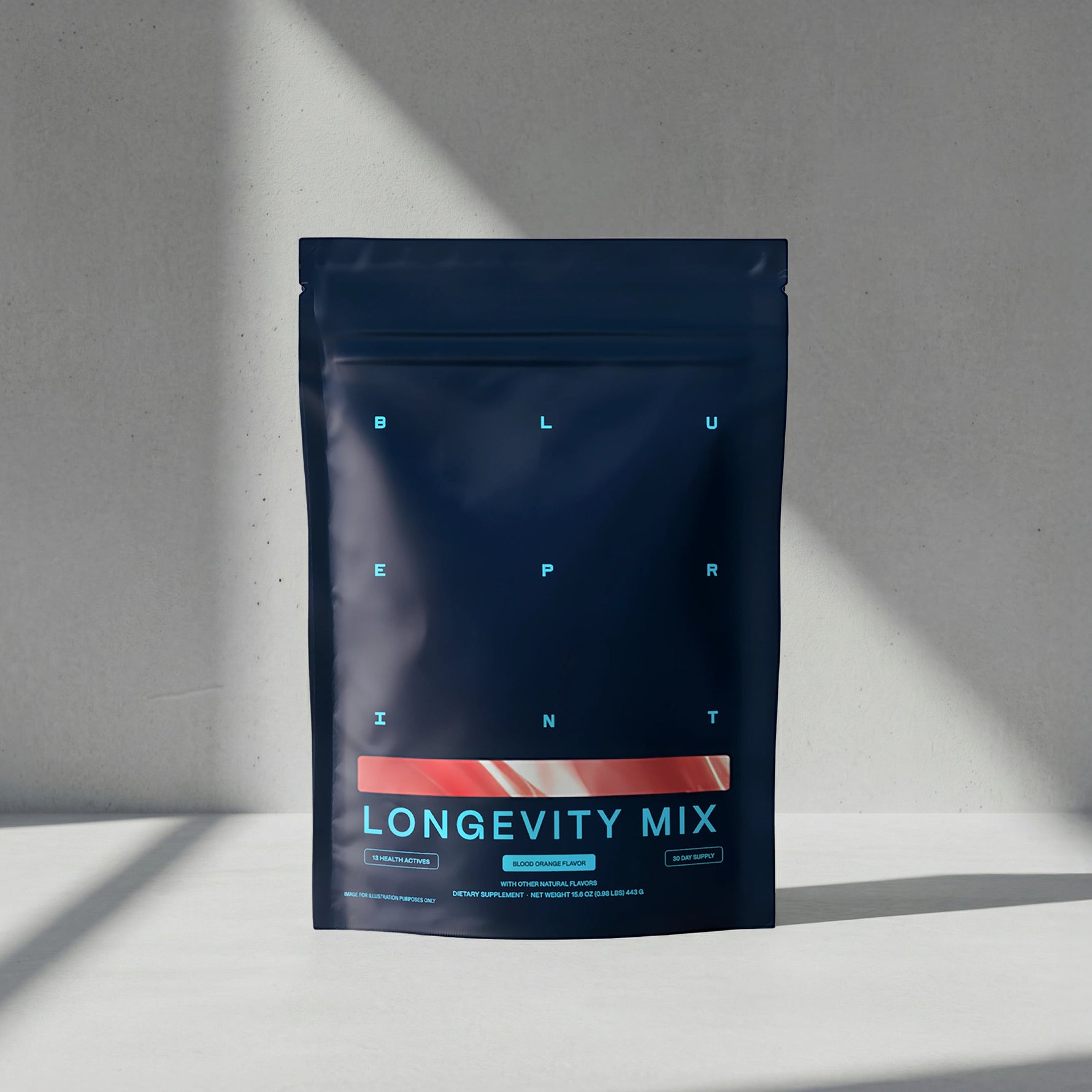 Dark blue package labeled 'Longevity Mix' on a light gray background