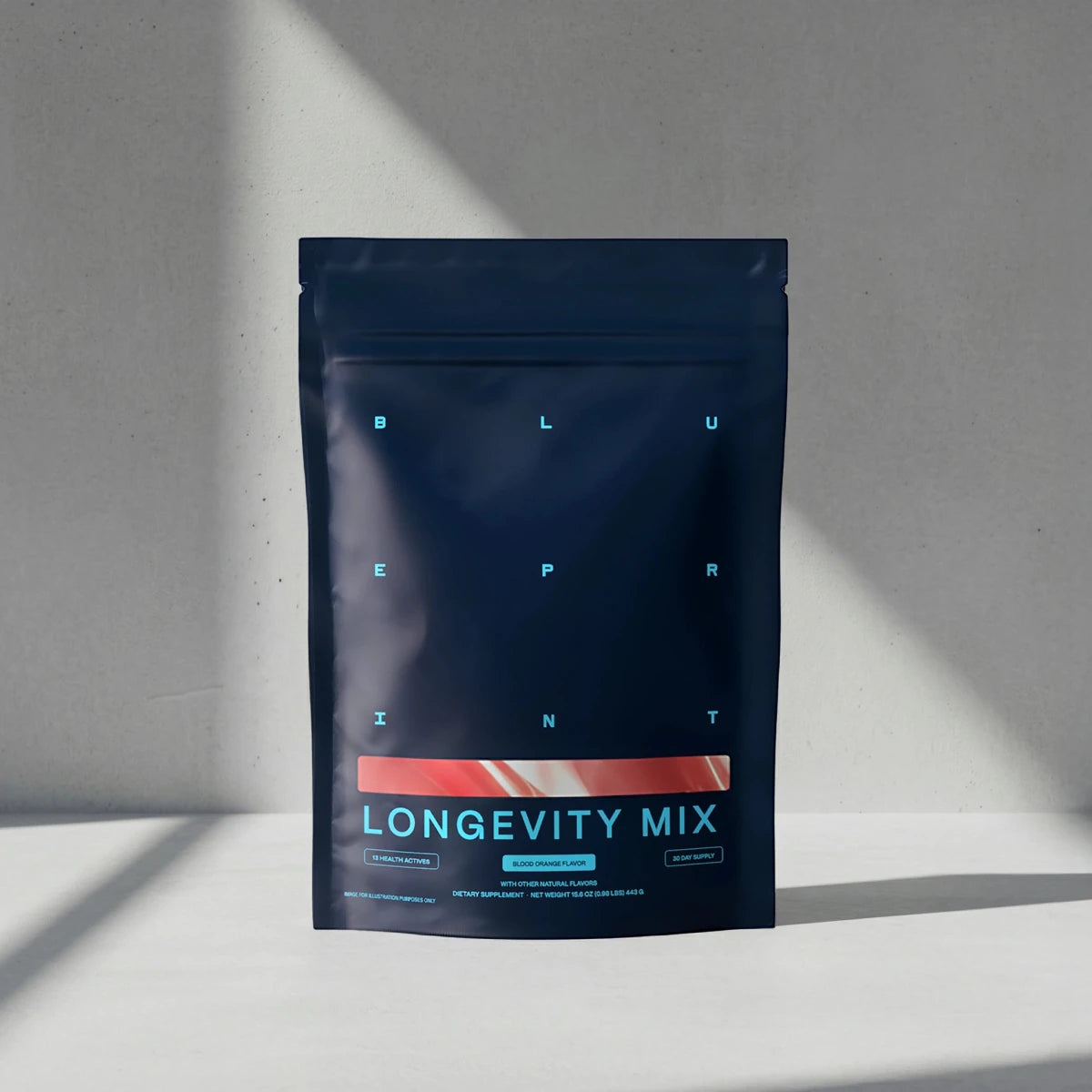 Dark blue package labeled 'Longevity Mix' on a light gray background