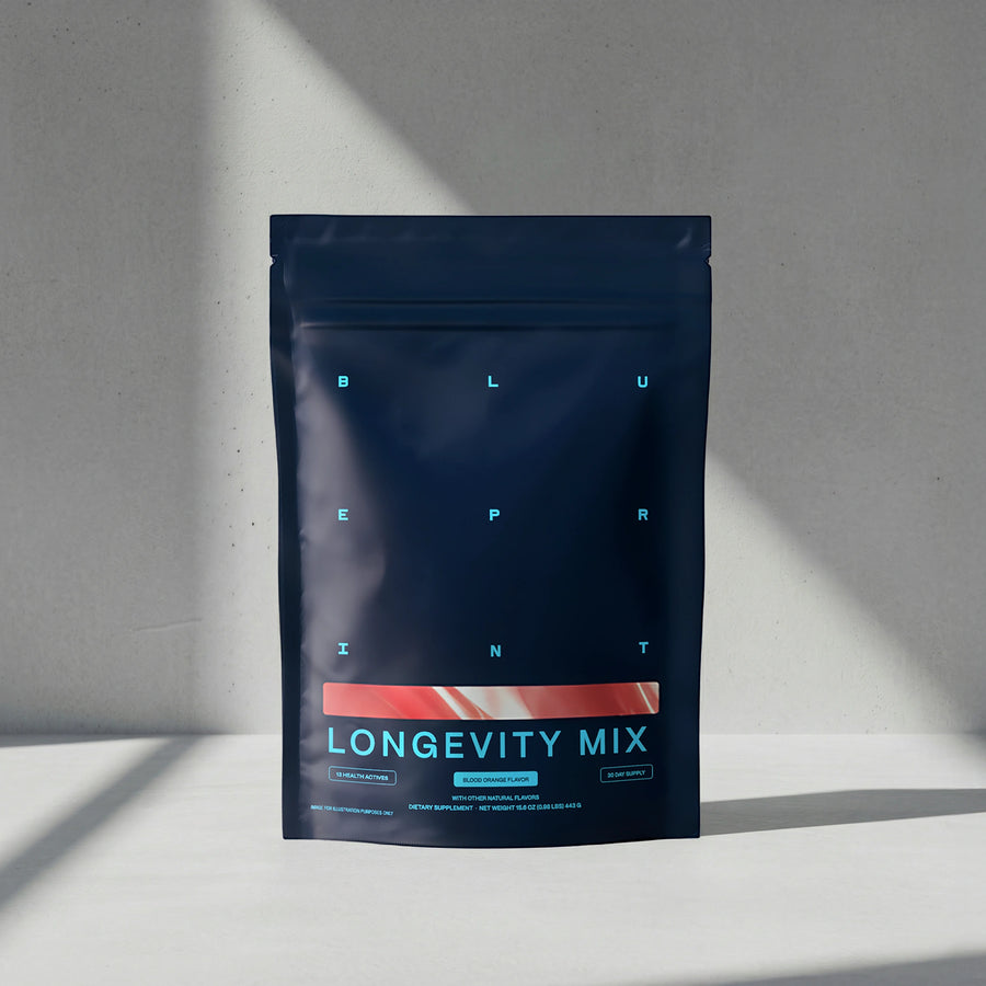 Dark blue package labeled 'Longevity Mix' on a light gray background