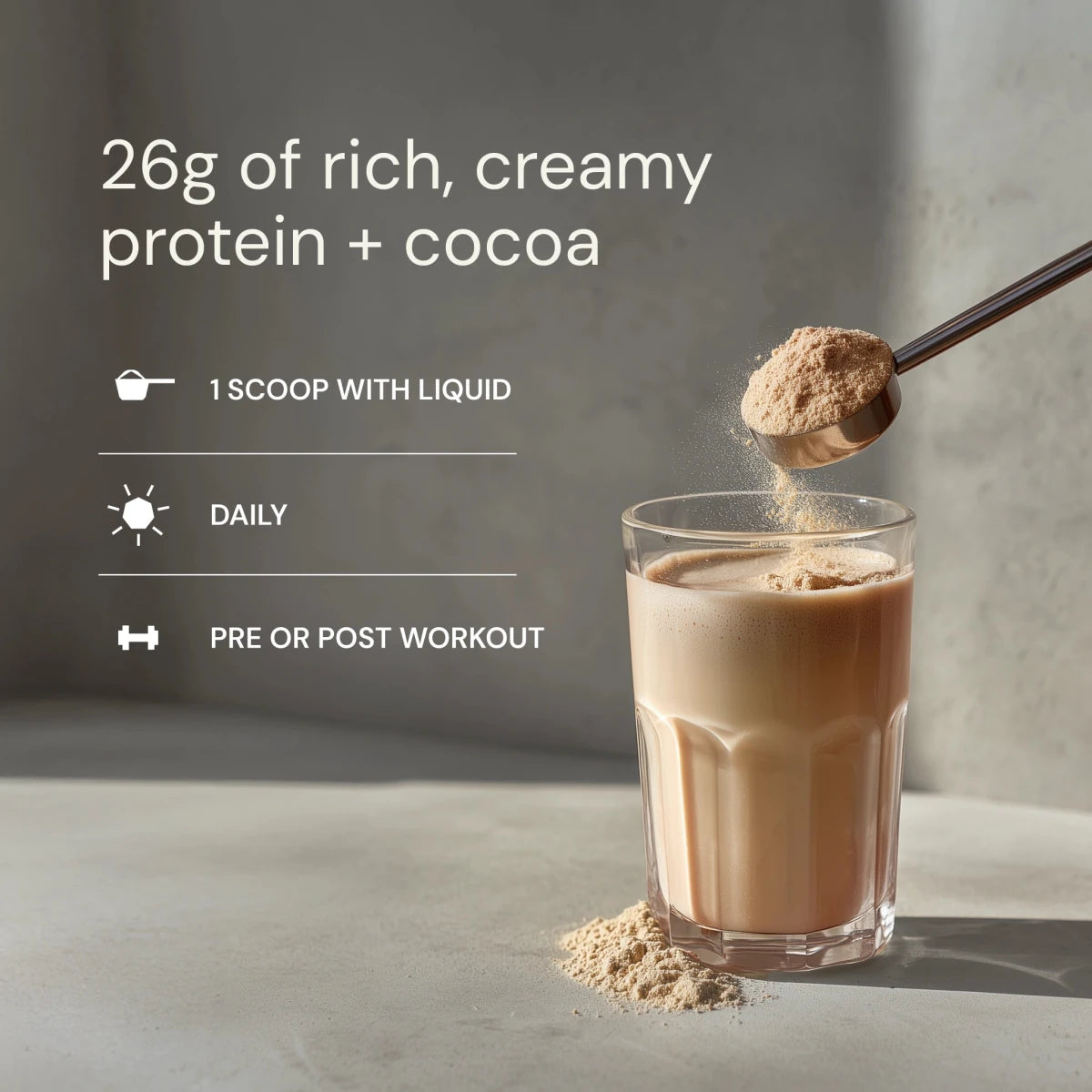 Glass of protein shake with cocoa powder being added, text about protein content and usage.