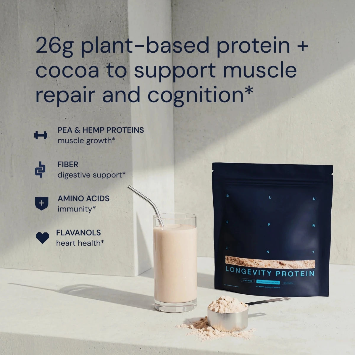 Longevity Protein package with a glass of protein shake and ingredients on a light background