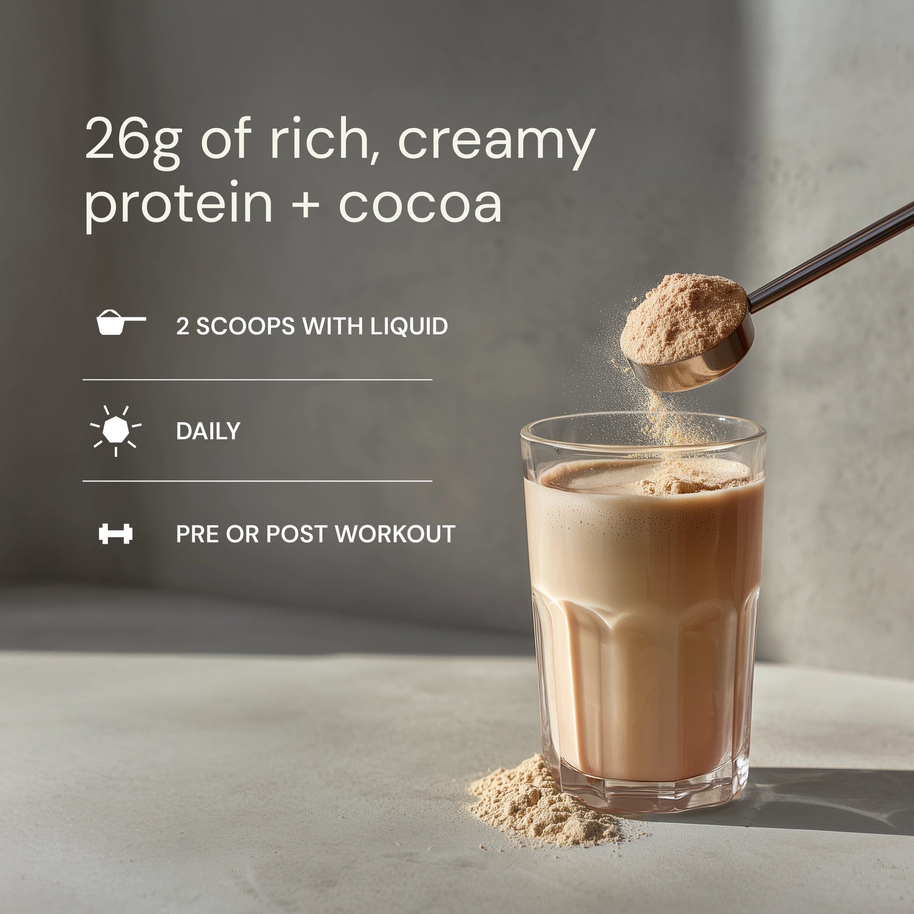 Glass of protein shake with cocoa powder being added, text about protein content and usage.