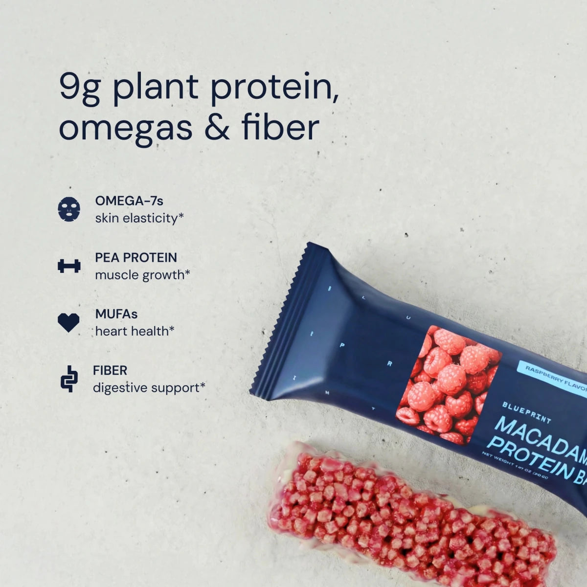 Blueberry protein bar with text highlighting nutritional benefits on a light background