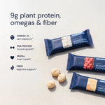Macadamia Protein Bars with nutritional information on a light background
