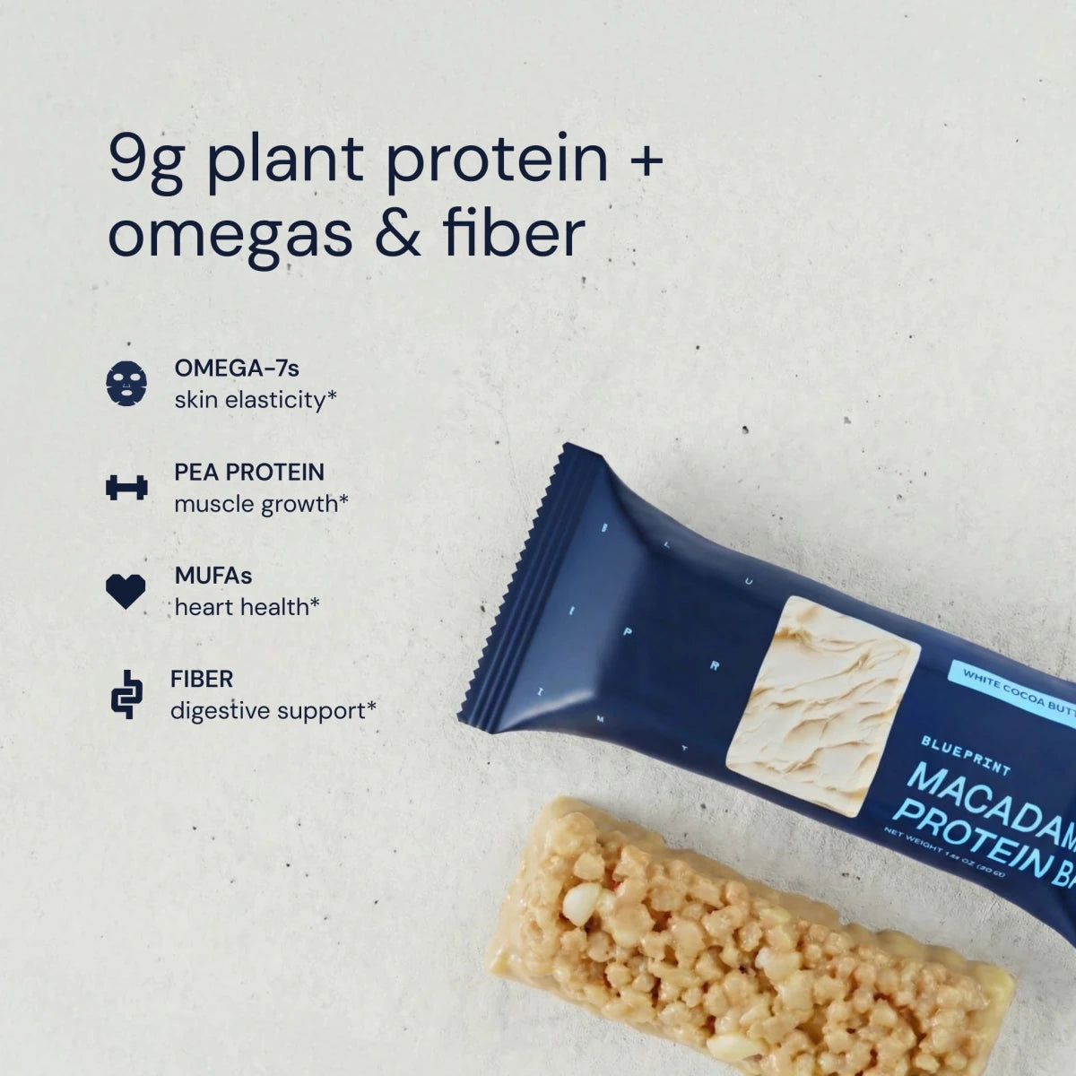 Protein bar with blue packaging and text highlighting nutritional benefits on a light background