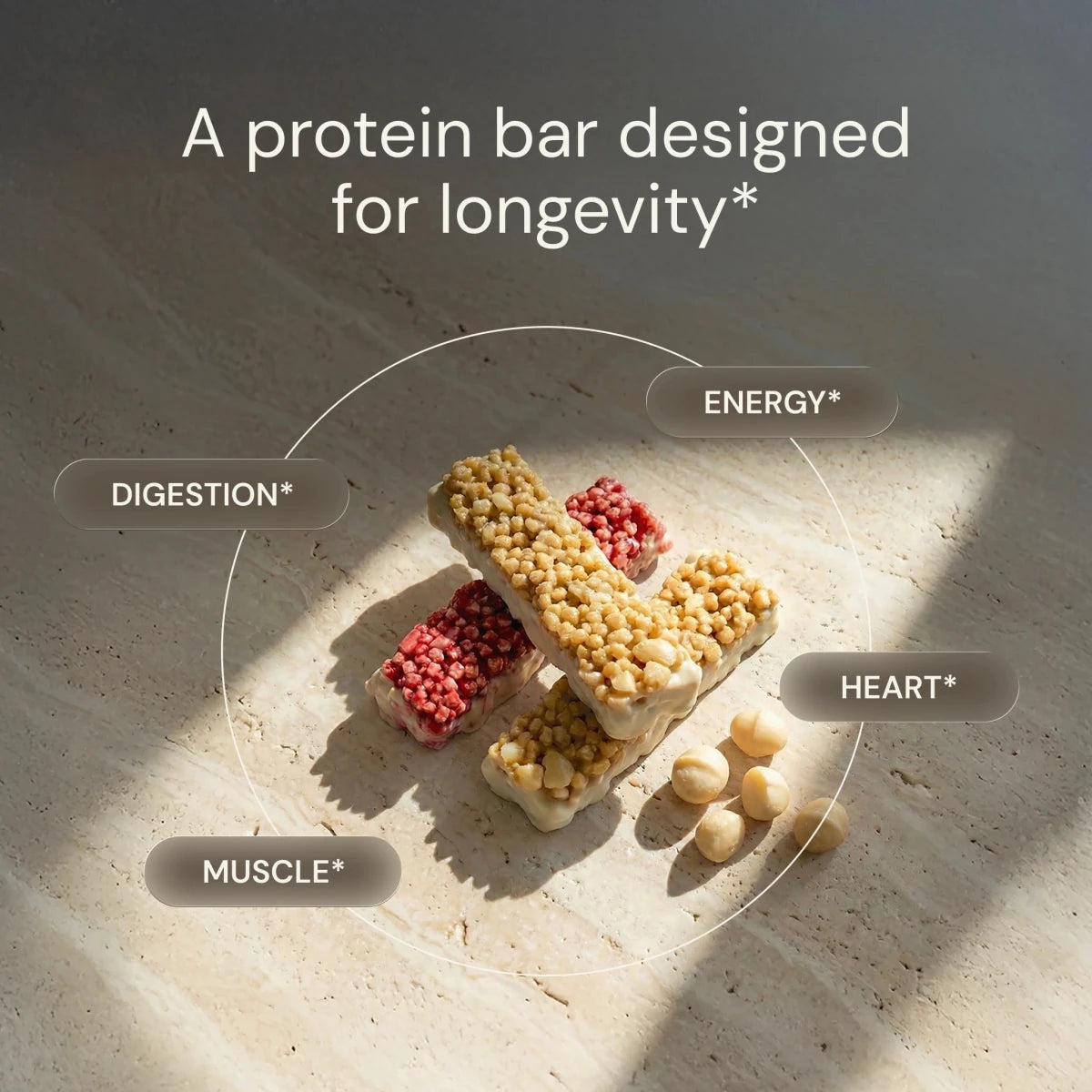 Protein bar with labeled benefits on a neutral background