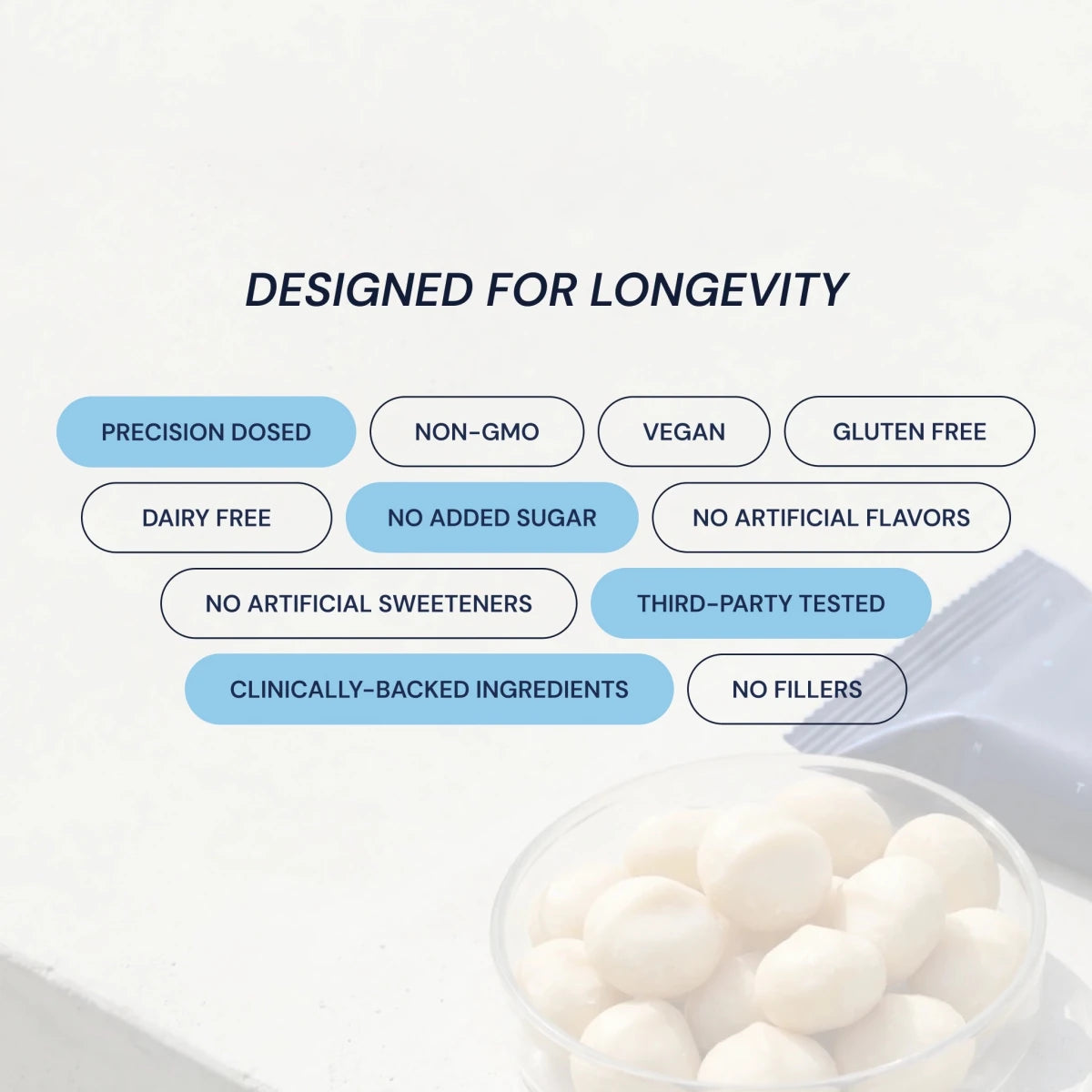 Product packaging with health and wellness features listed on a light background