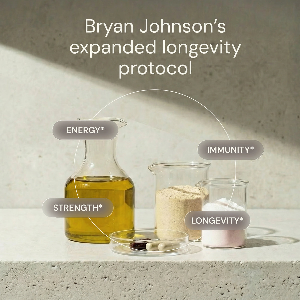 Bryan Johnson's expanded longevity protocol with labeled ingredients on a concrete surface.