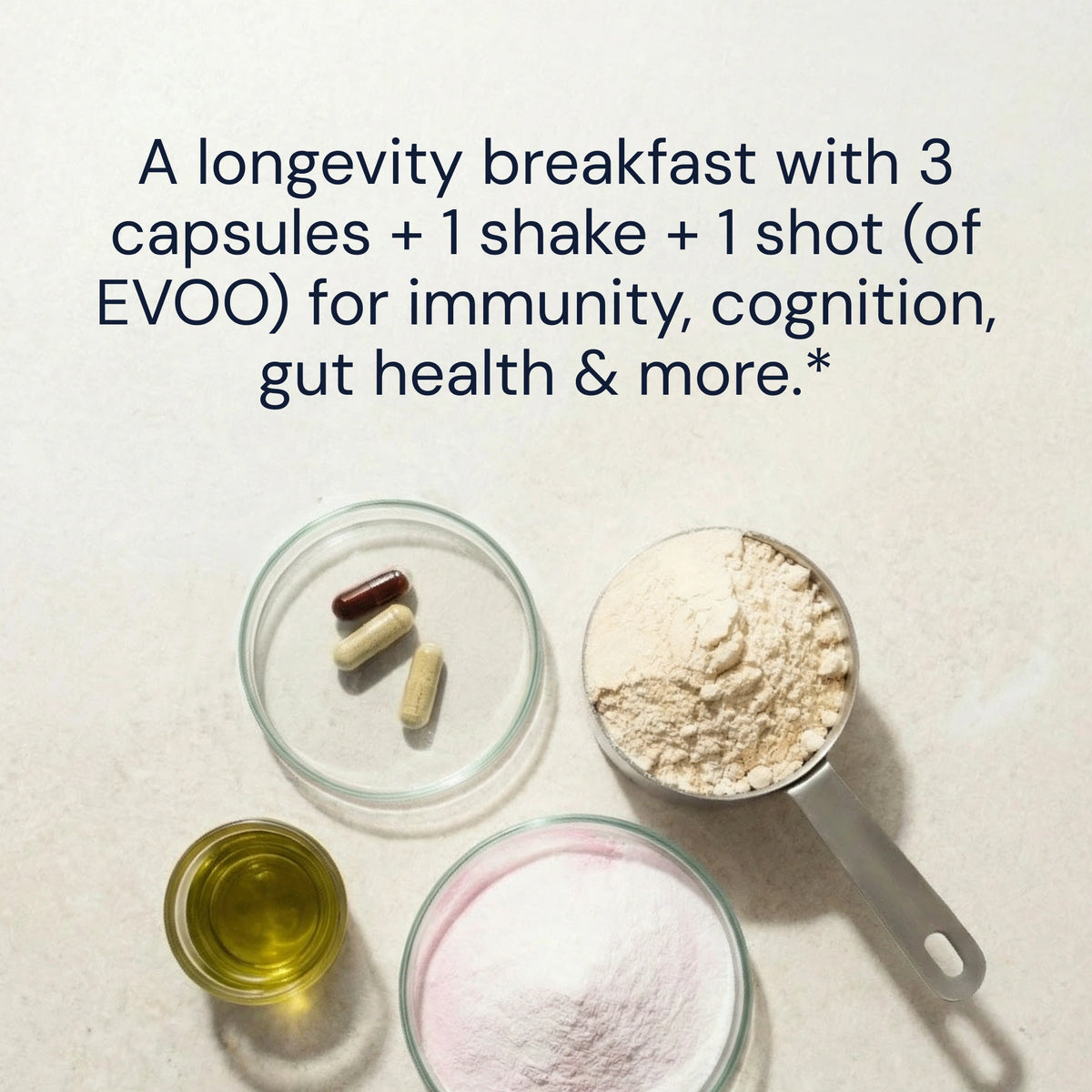 Ingredients for a longevity breakfast with capsules, a shake mix, and EVOO on a light background.