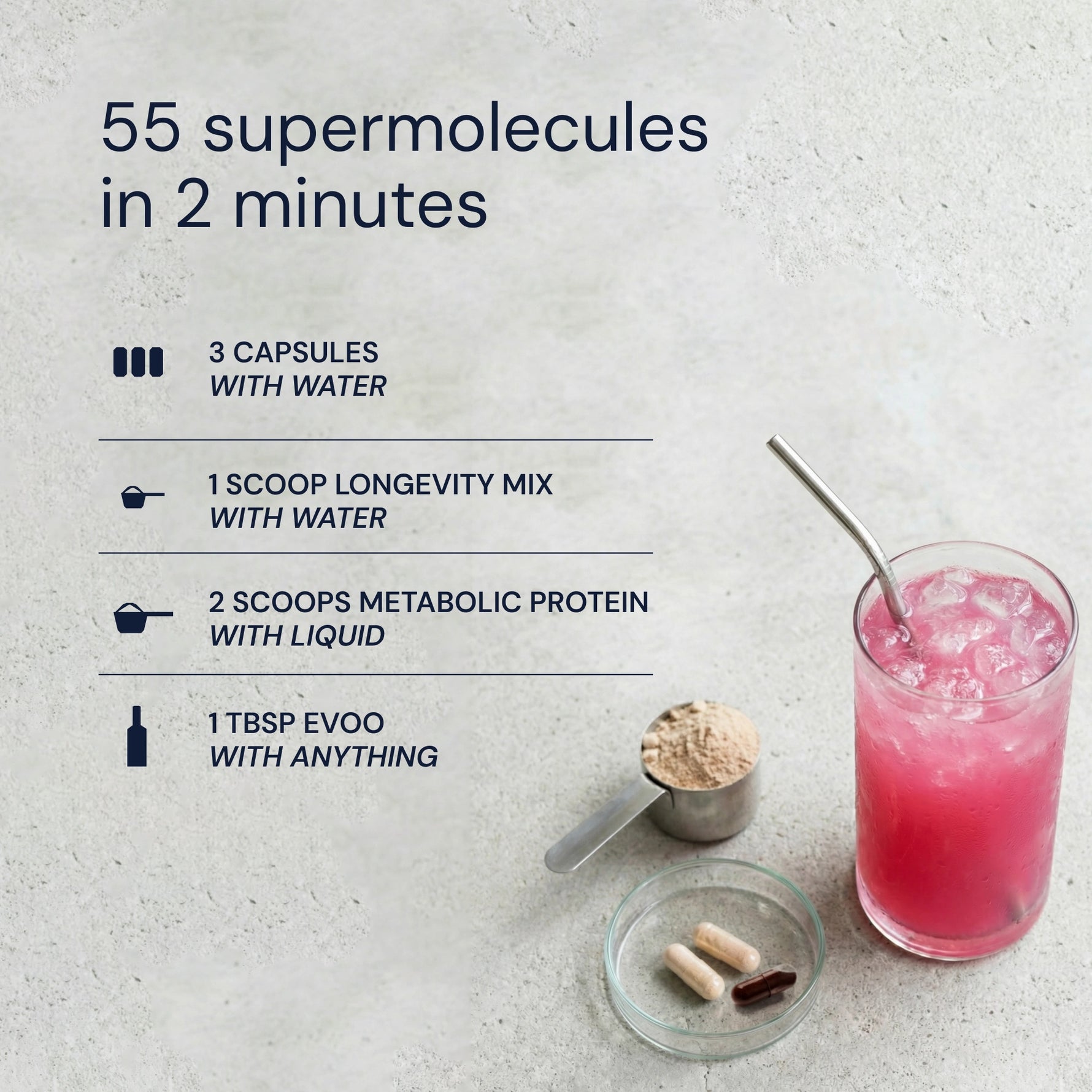 Supplement regimen with a glass of pink drink, scoop, and capsules on a light background