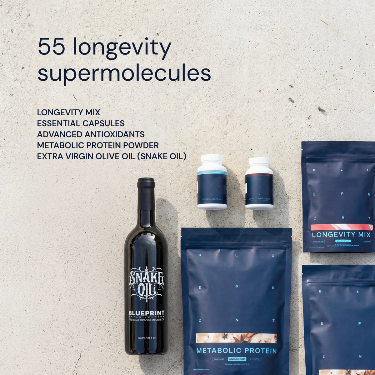 Collection of longevity products including a bottle, capsules, and powders on a textured surface.