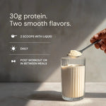 Protein powder being added to a glass with text about protein content and usage.