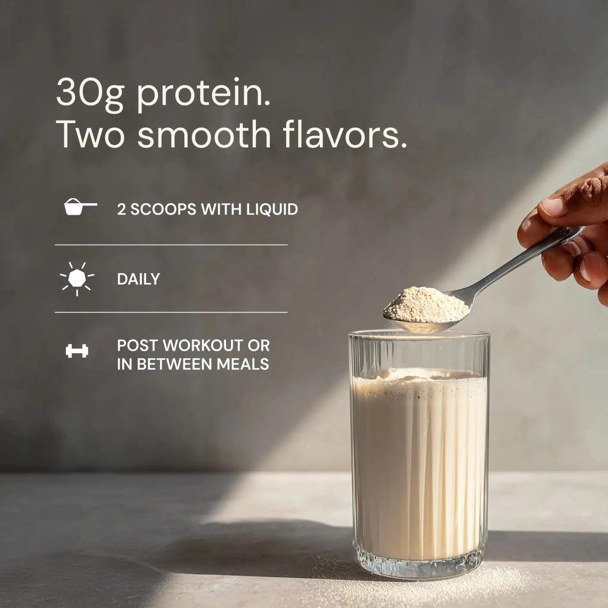 Protein powder being added to a glass with text about protein content and usage.