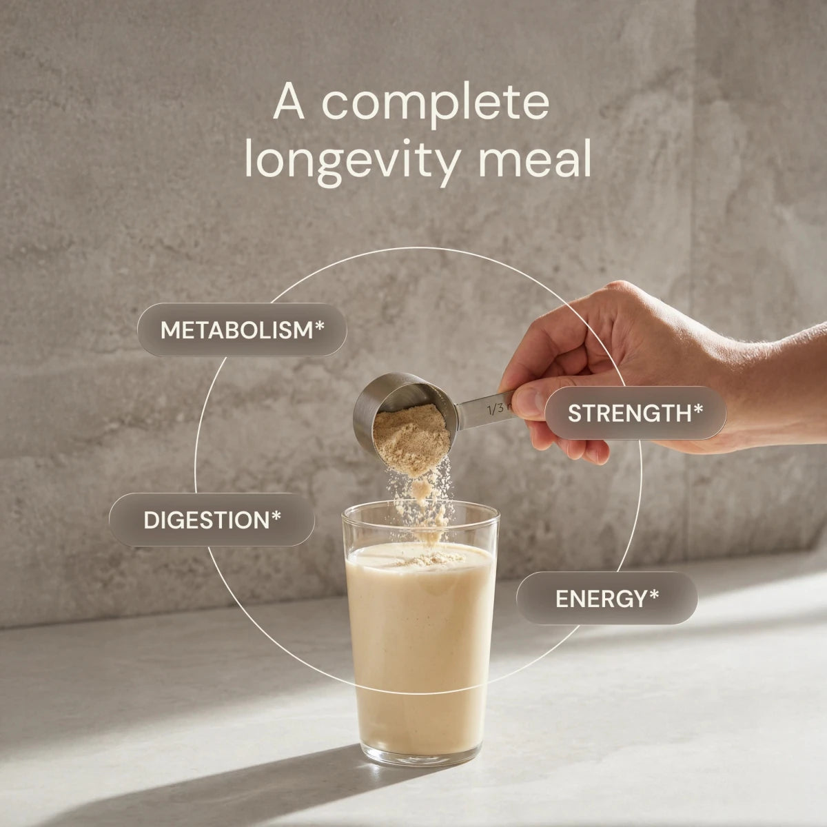 Hand pouring a powder into a glass with text about a 'complete longevity meal' on a neutral background.