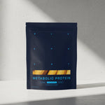 Dark blue package of Metabolic Protein on a light gray background 
