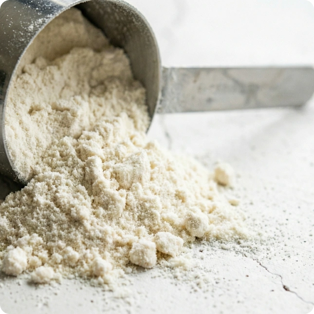 Metal scoop pouring white protein powder onto a marble surface