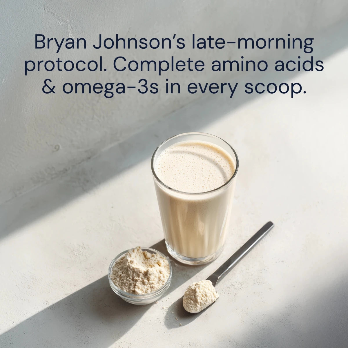 Glass of protein shake with scoop and container on a light surface, text about amino acids and omega-3s.