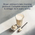 Glass of protein shake with scoop and container on a light surface, text about amino acids and omega-3s.
