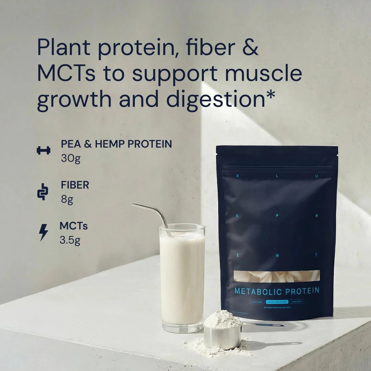 Metabolic Protein package with a glass of milk and protein powder on a light surface.