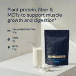 Metabolic Protein package with a glass of milk and protein powder on a light surface.