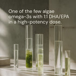 Clear glass vials with green algae extract on a neutral background
