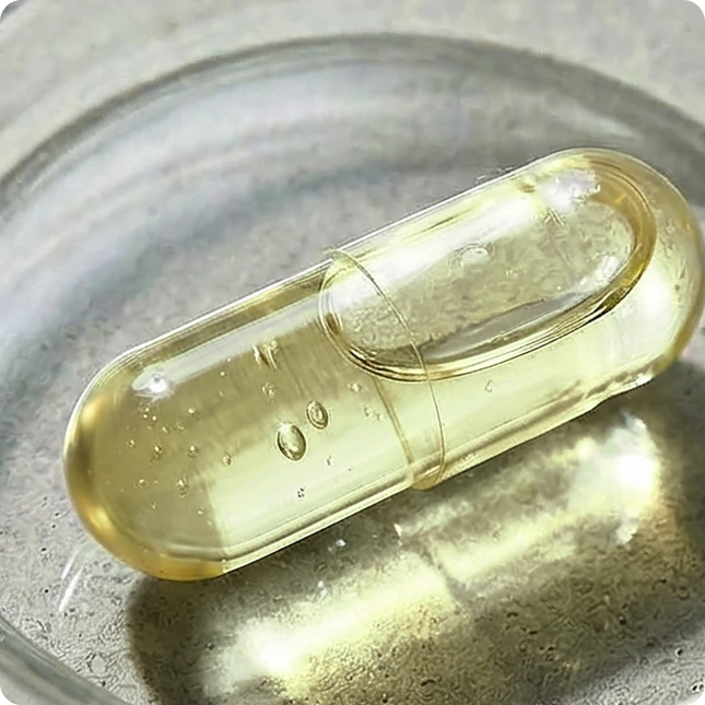 Clear omega oil capsule with a yellowish liquid on a metallic surface