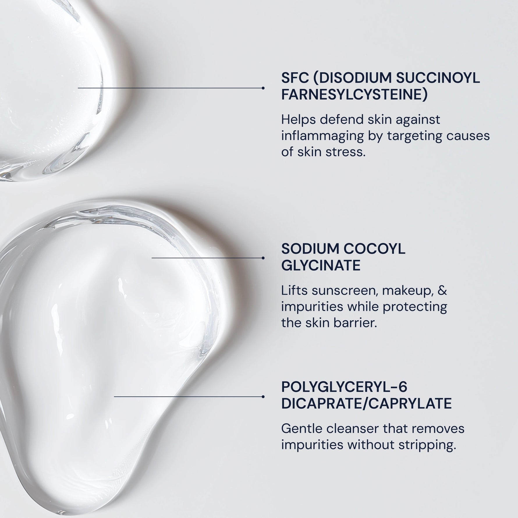 Clear liquid droplets with text about skincare ingredients on a light gray background