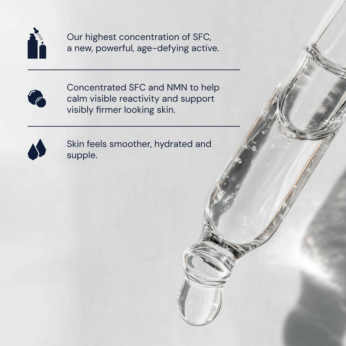 Glass dropper with clear liquid on a light gray background, featuring text about SFC and NMN skincare benefits.