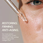 Close-up of a dropper applying skincare product to skin with text about SFC, NMN, and anti-aging benefits.