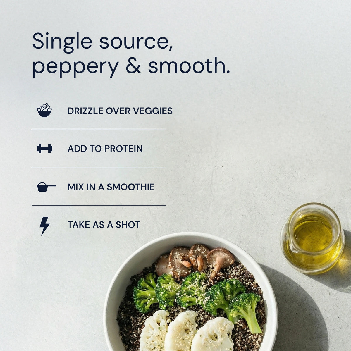  bowl of salad with olive oil dressing  and text on a light background