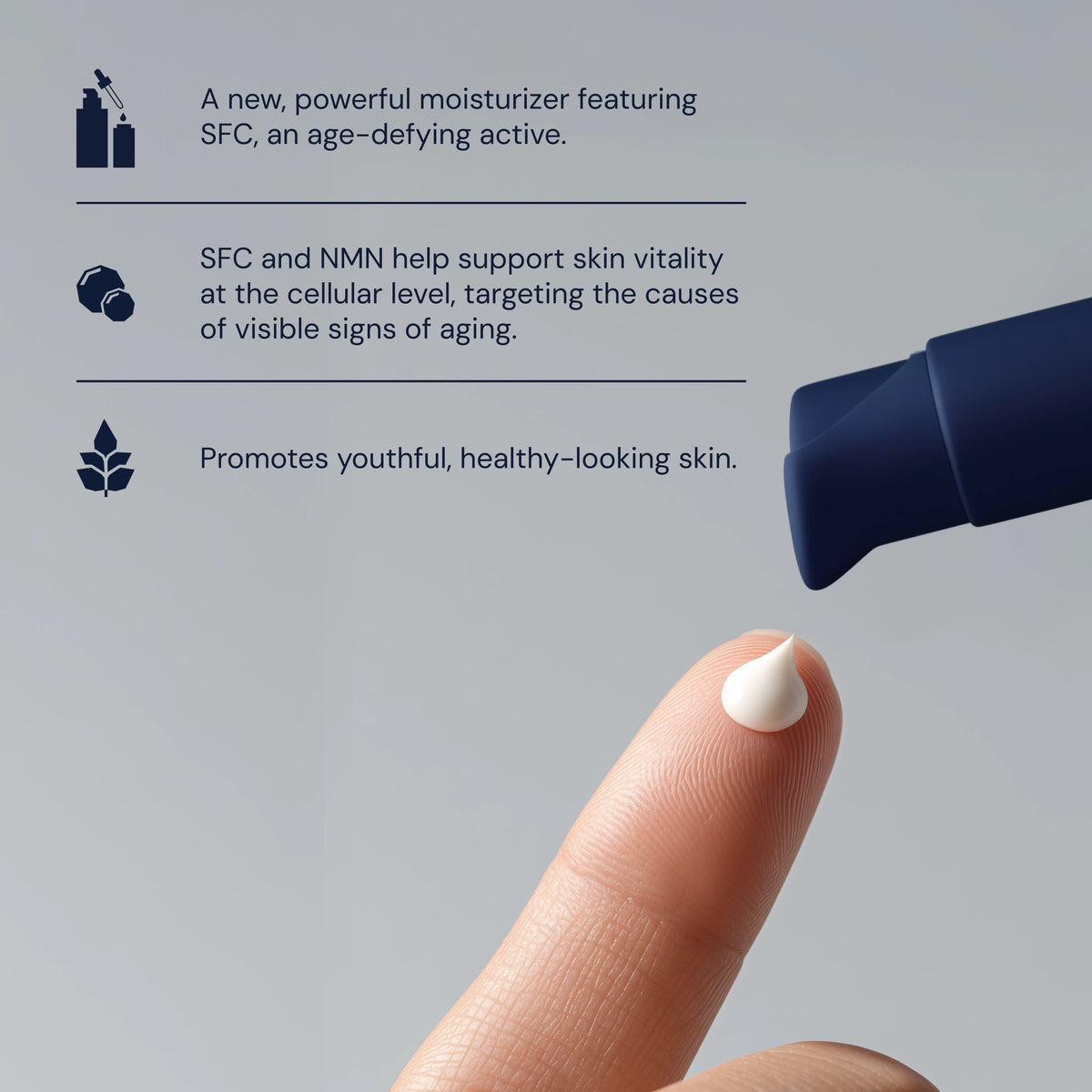 Cosmetic product with a droplet on a finger against a gray background