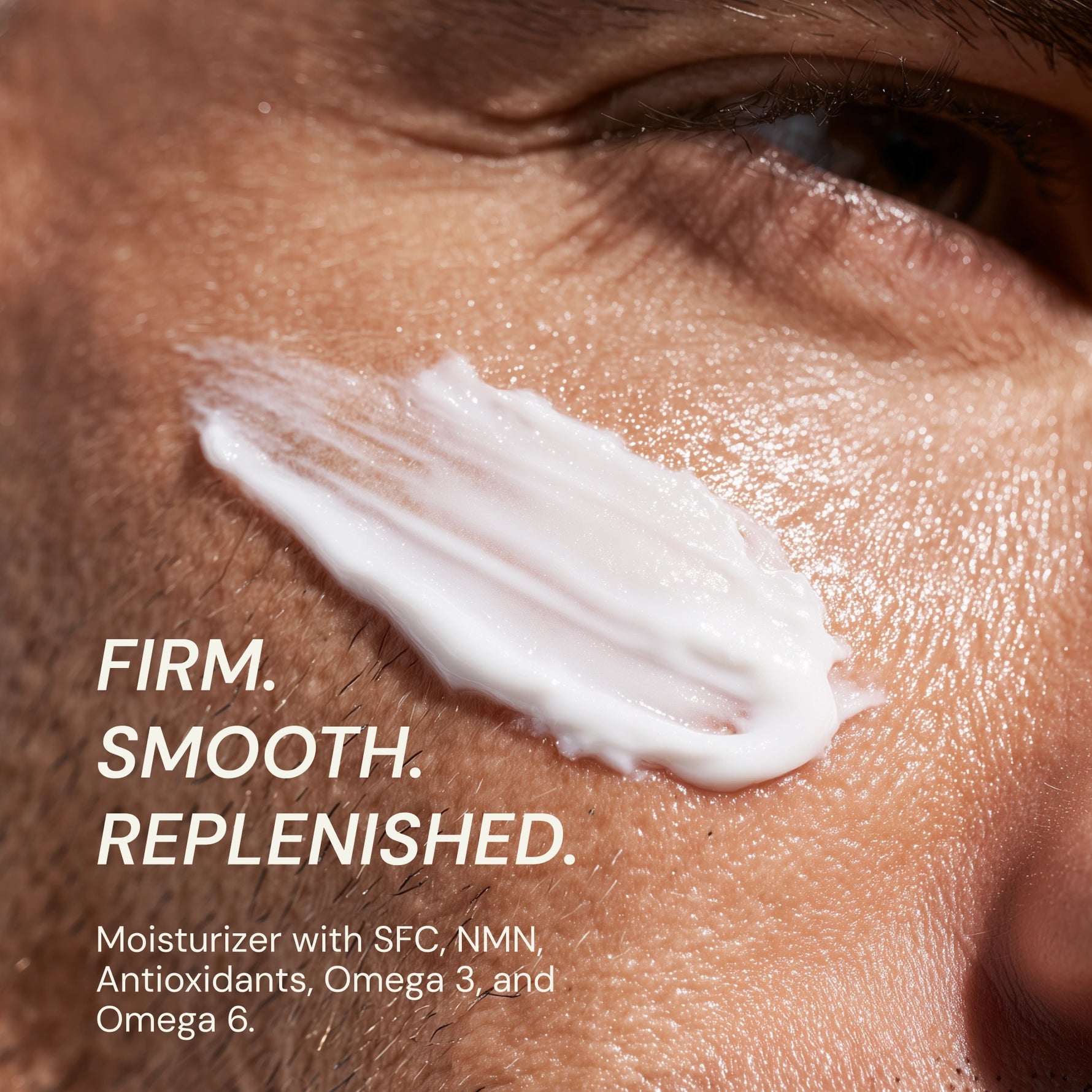 Moisturizer applied to skin with text highlighting benefits