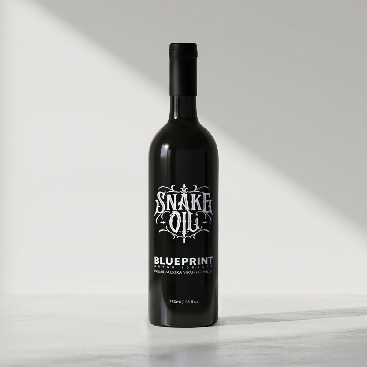 Black bottle of Snake Oil Blueprint on a white background 