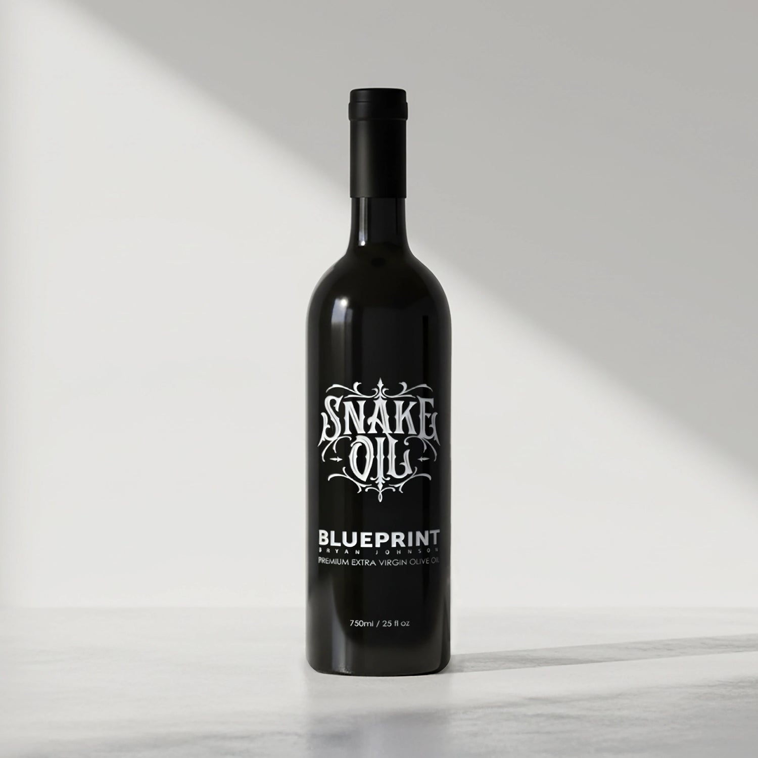Black bottle of Snake Oil Blueprint on a white background 