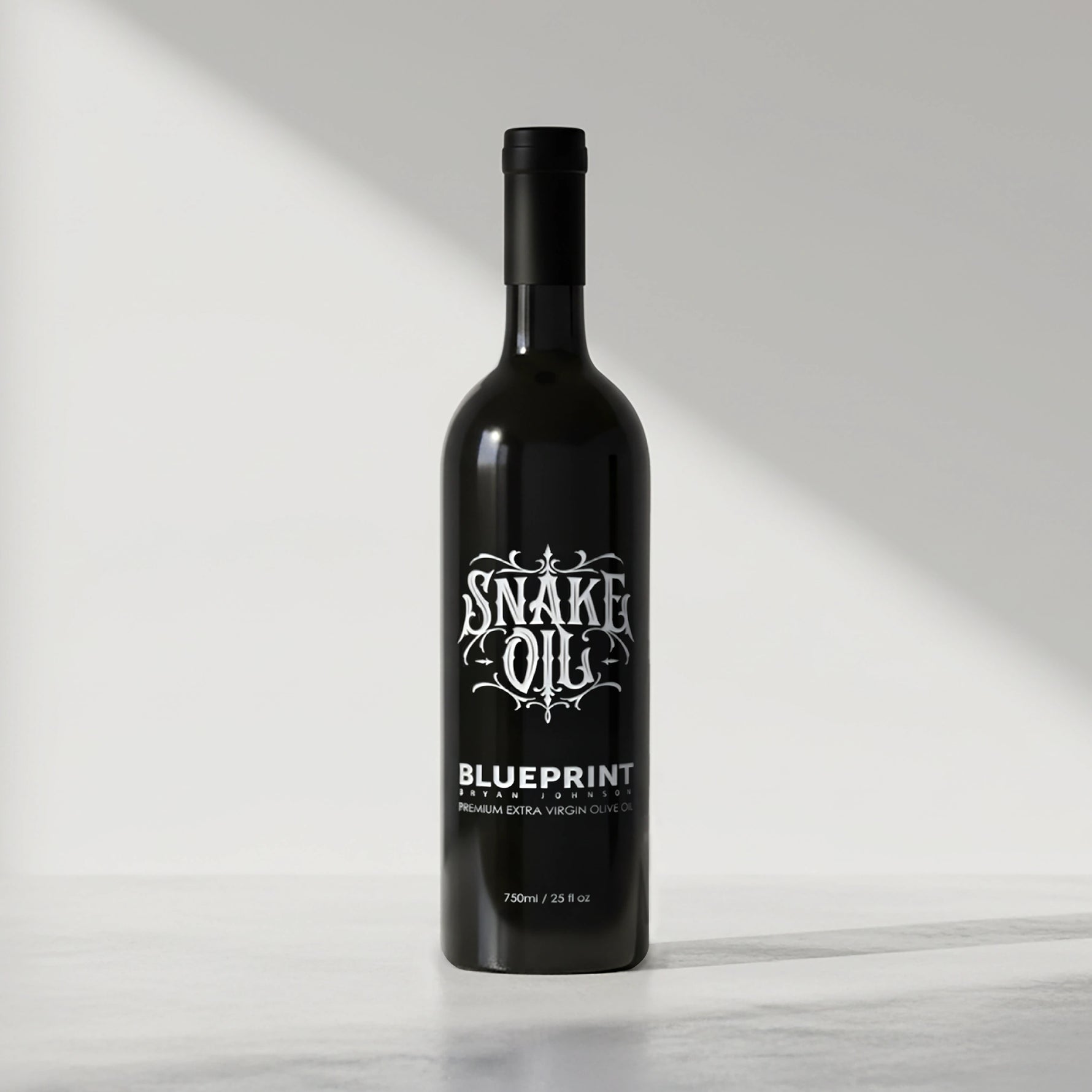 Black bottle of Snake Oil Blueprint on a white background #1-bottle