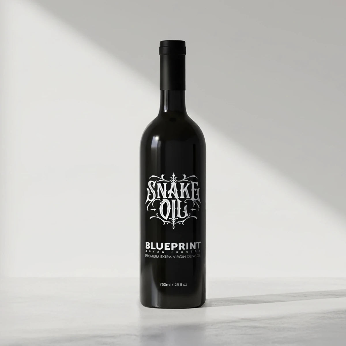 Black bottle of Snake Oil Blueprint on a white background #1-bottle